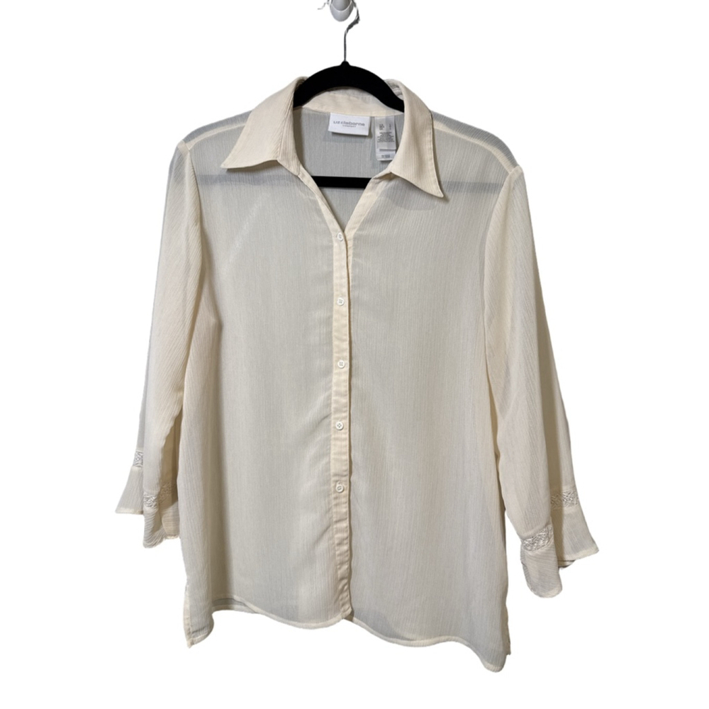 Women's Liz Claiborne Cream L Blouse with White Lace Trim